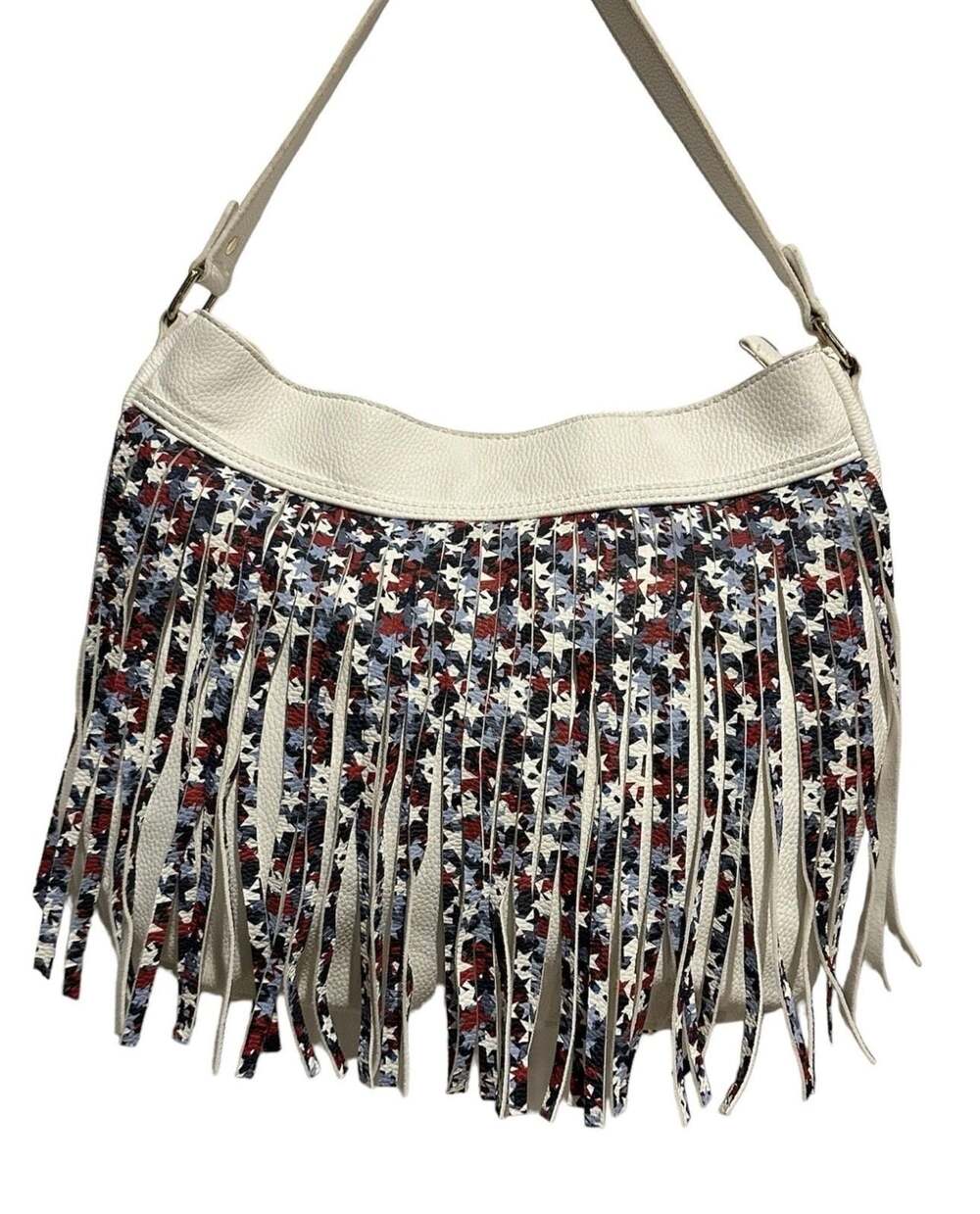 Charming Charlie White Star Fringe Hobo Shoulder Bag USA Themed - Picture 2 of 6